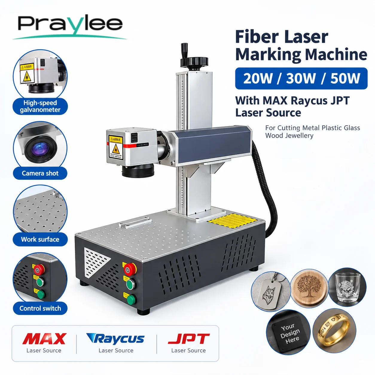 Praylee 20W 30W 50W Fiber Laser Marking Machine Integrated Desktop Engraver MAX Raycus JPT for Metal Plastic Glass Wood Jewelry