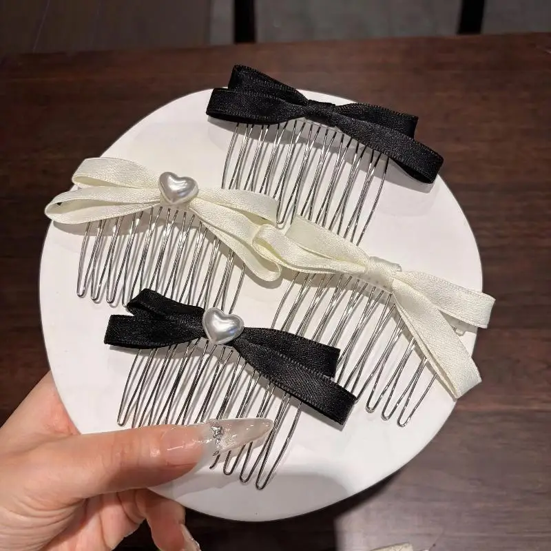 Elegant Ribbon Bow Hair Combs Faux Pearl Heart Decor: Metal Teeth Daily Wear Wedding Hair Styling