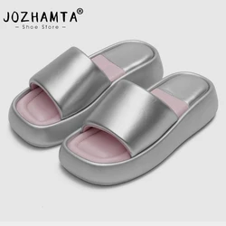 JOZHAMTA Size 35-40 Women Wedges Slippers Soft Leather Platform Mid Heels Summer 2025 Casual Shoes Beach Daily Slides Sandals