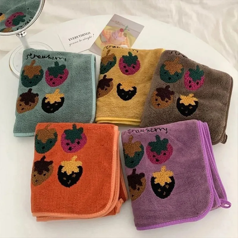 Strawberry Embroidered Towel Simple Solid Color Coral Velvet Water Absorbent Hand Towel Soft Lint Resistant New Washcloth