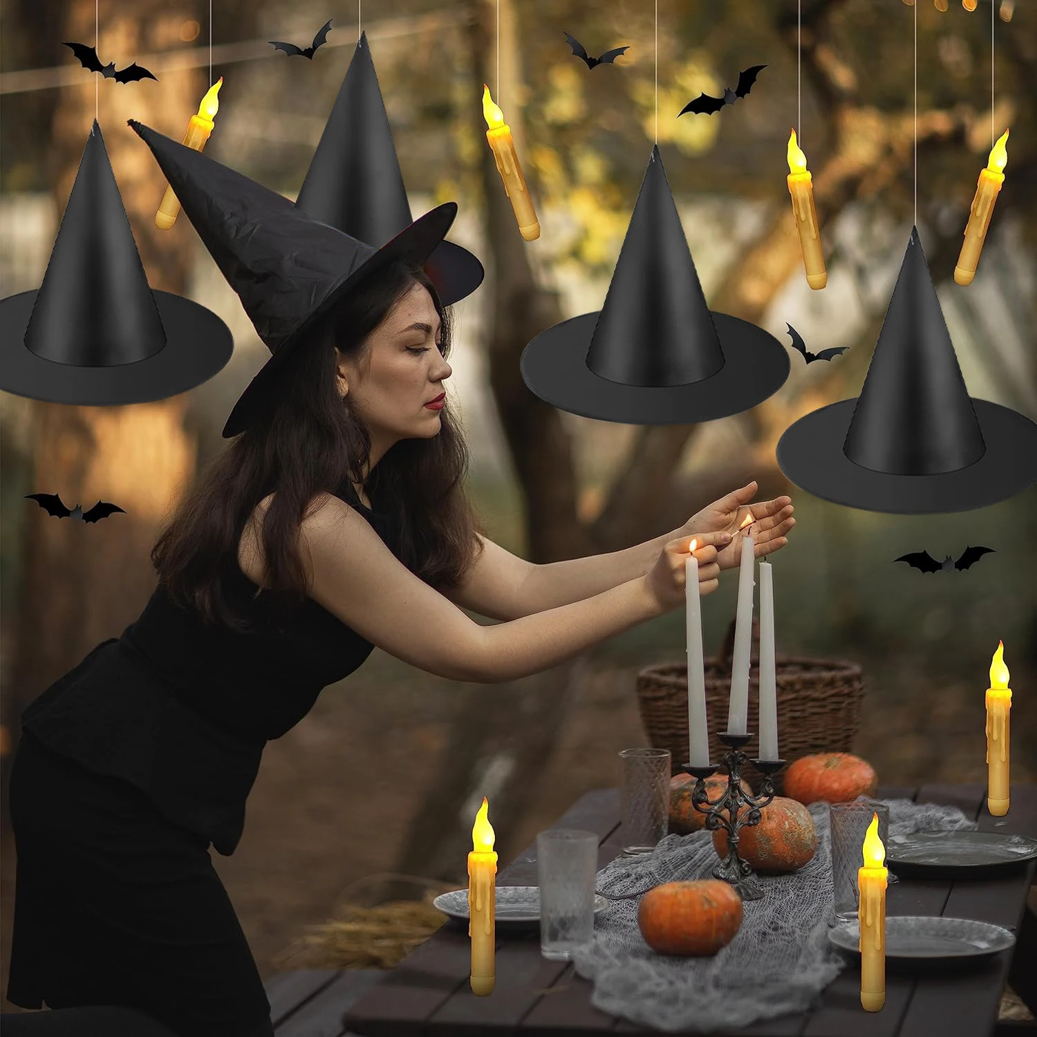 24-48Pcs Floating Candles With Magic Wand and Hanging Witch Hats Set Flickering Light LED Flameless Candle for Halloween Decor