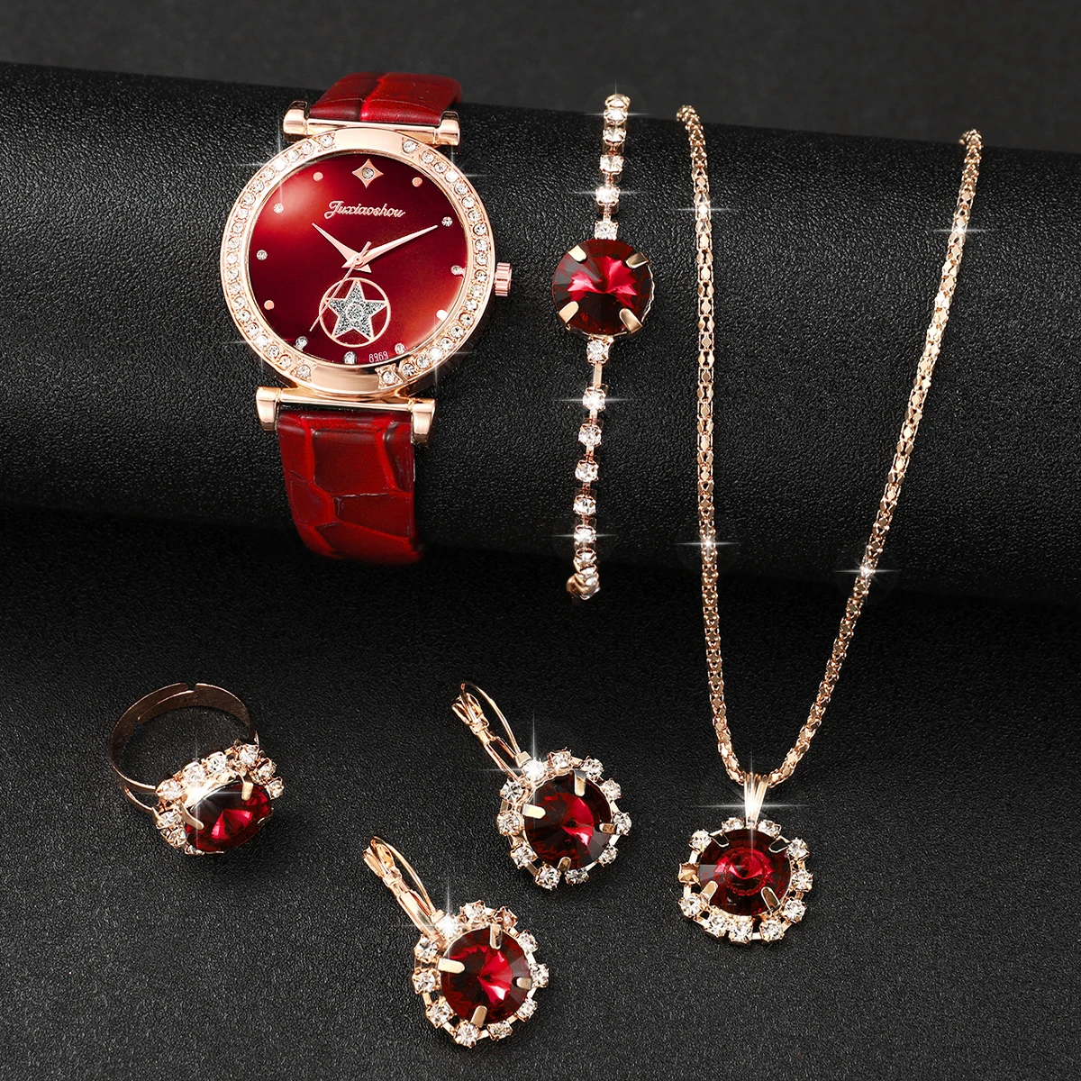 6 قطعة/المجموعة أزياء حجر الراين الأخضر المرأة ووتش حلقة من جلد التناظرية ساعات الكوارتز مجموعة مجوهرات (بدون صندوق) #5