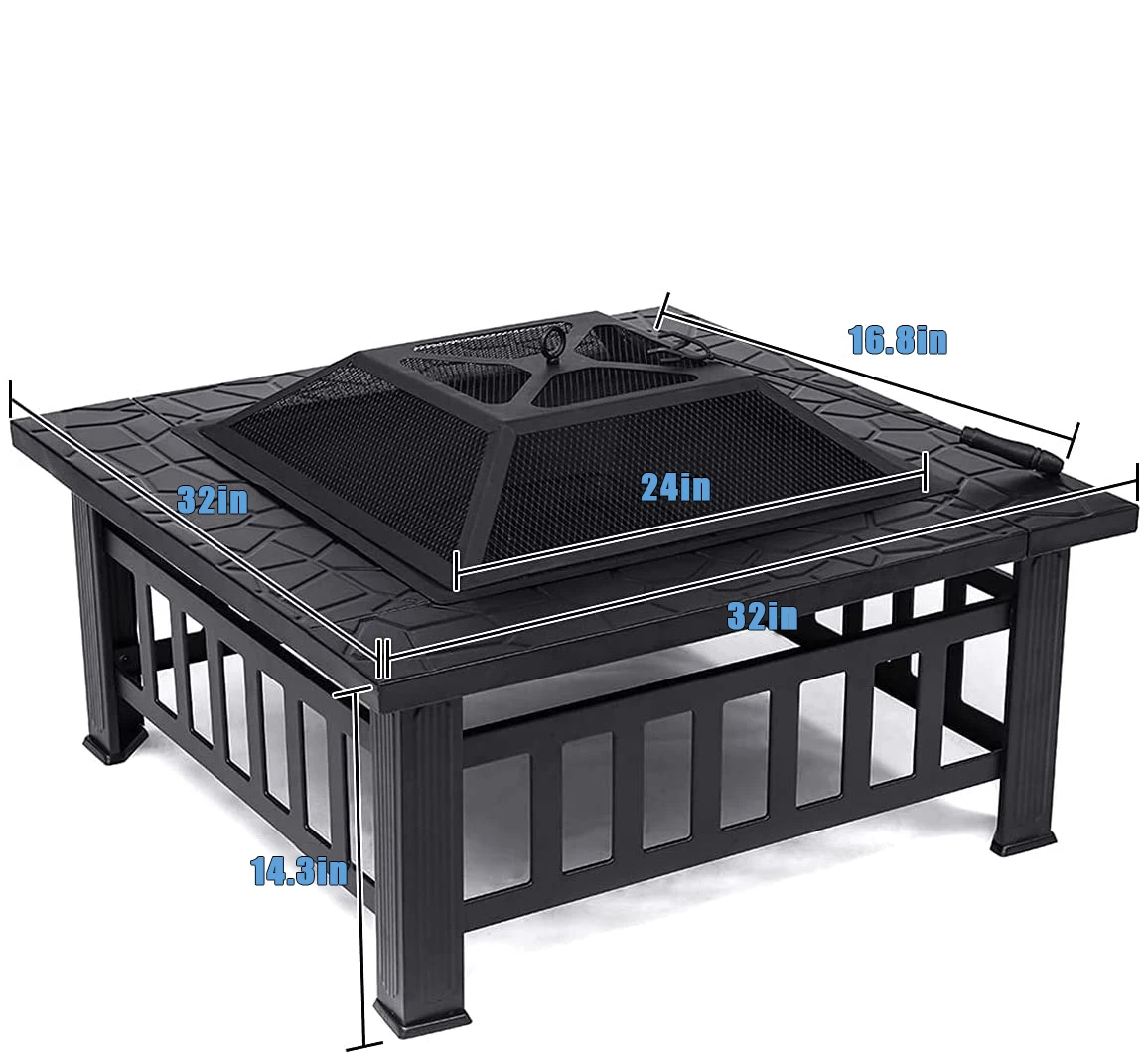 Portable 32 Inch Garden Wood-Burning BBQ Table with Square Metal Fire Pit for Camping with Poker Accessories Fire Pit Table