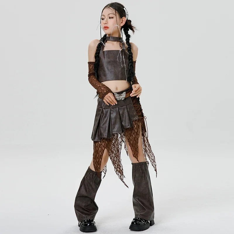 Neue Kinder Coole Jazz Dance Kostüme K POP Tanzen Wettbewerb Set Braun Hip Hop Straße Führen Outfits Für Mädchen Gruppe XH1683
