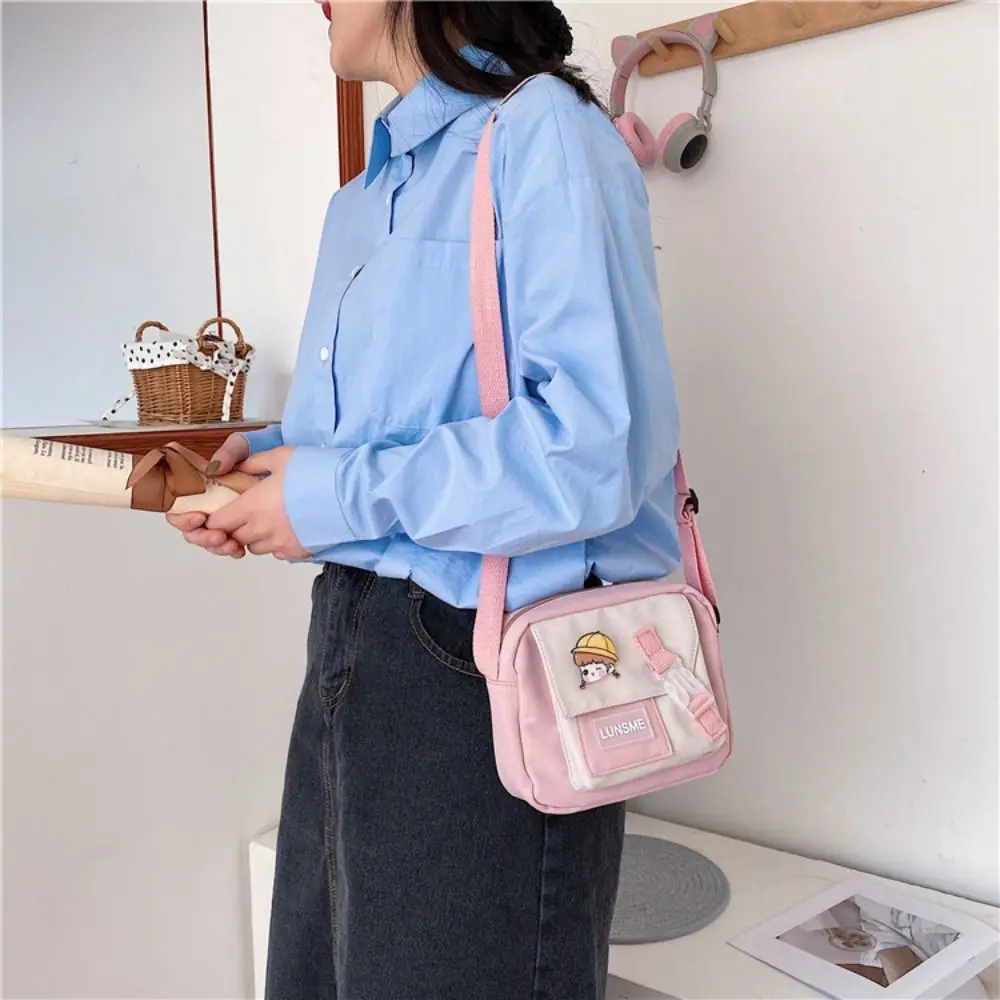 Cute Women Canvas Zipper Bag Ins Style Student Tote Shoulder Messenger Bag Small Satchel Travel Purse Handbag