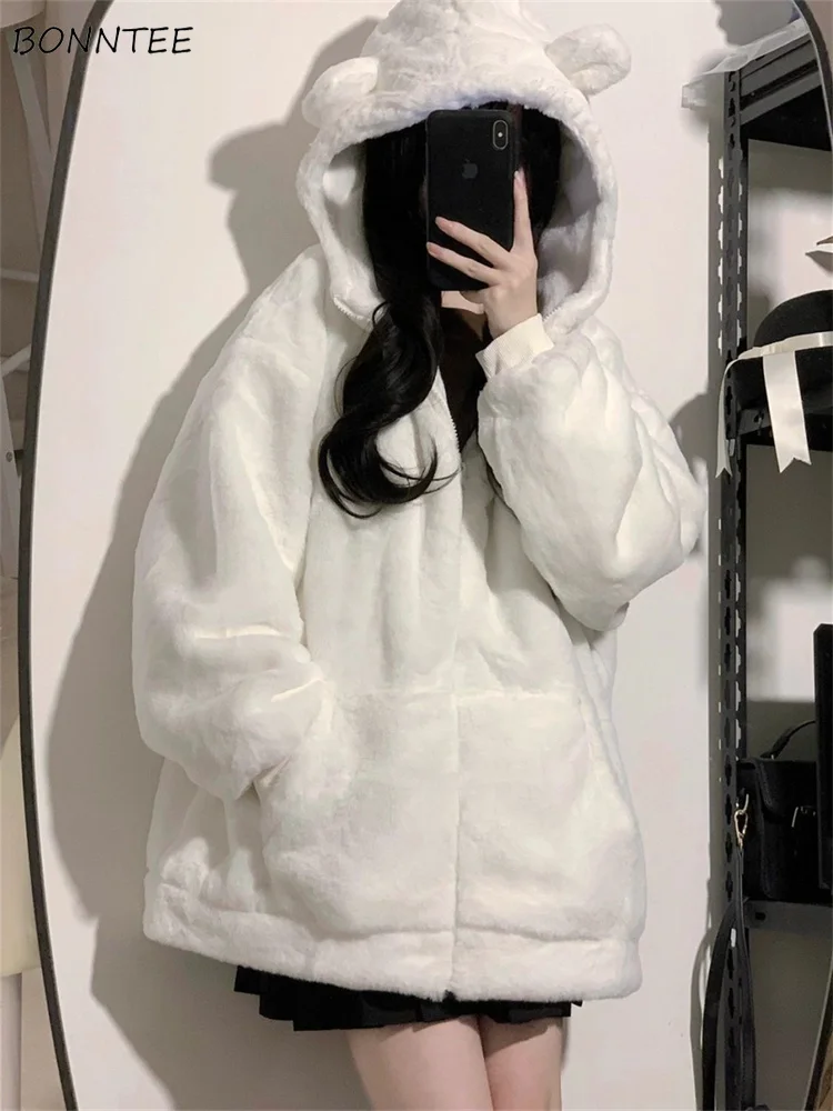 سترات قطيفة بقلنسوة للنساء من Ulzzang Sweet الطلاب معطف دافئ فضفاض بسحّاب معطف رقيق مترهل موضة شارع العليا شتاء ناعم شبابي