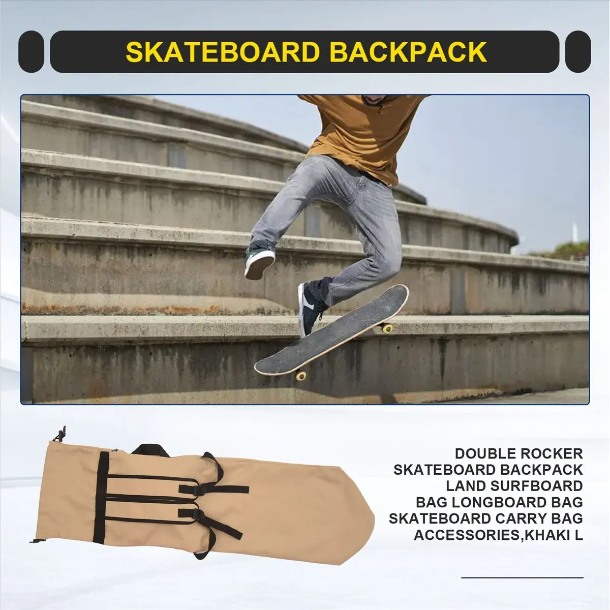【STOCK】Double Rocker Skateboard Backpack Land Surfboard Bag Longboard Bag Skateboard Carry Bag Accessories,Khaki L