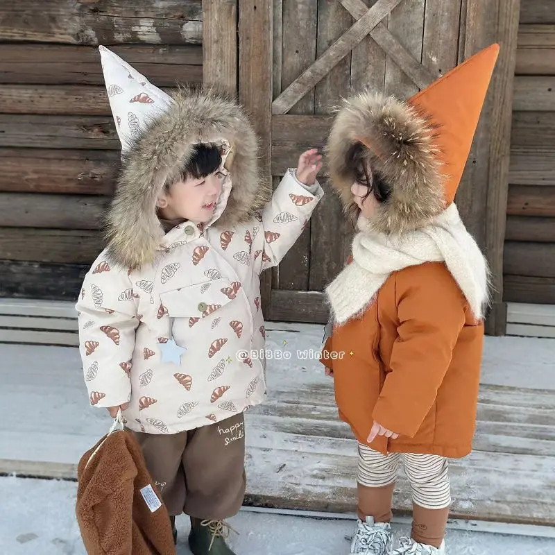 

2025 Children's Cotton Jacket Fleece Lining Girls' Thickened Winter Outerwear Coats Jacket Fur Collar Hooded Warm Jacket