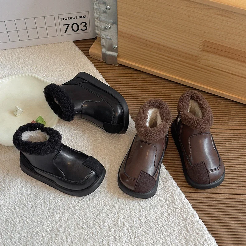 Kids Retro Faux Leather Warm Winter Ankle Boots, Side Zipper Fleece‑Lined Non‑slip Short Boots