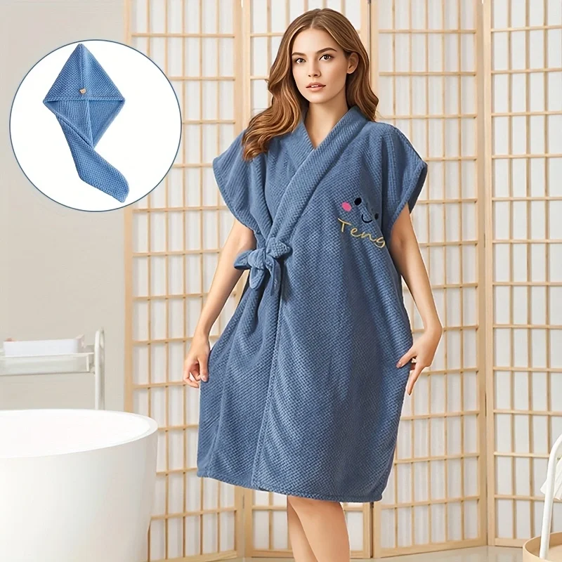 Albornoz de mujer de microfibra esponjosa de 2 piezas: bata de toalla para el cabello con cuello en V ajustable para spa/hogar