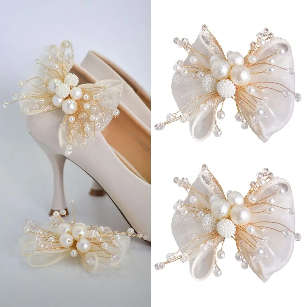 

2PC Double Layered Bow Pearl Shoe Clip French style Removable Bag Clip Decorative Elegant Bride Shoes Decoration High Heel