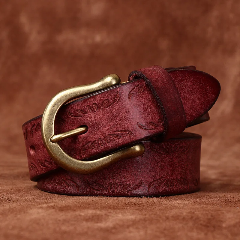 Personalized carved thickened extra thick retro frosted belt men's genuine leather horseshoe buckle versatile casual denim belt