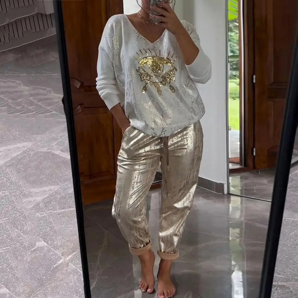 

Women T-shirt Pants Set Long Sleeves Gold Shining Eye Print Glossy Top Outfit Summer Lace-up Loose Suit Casual Womens Outfits