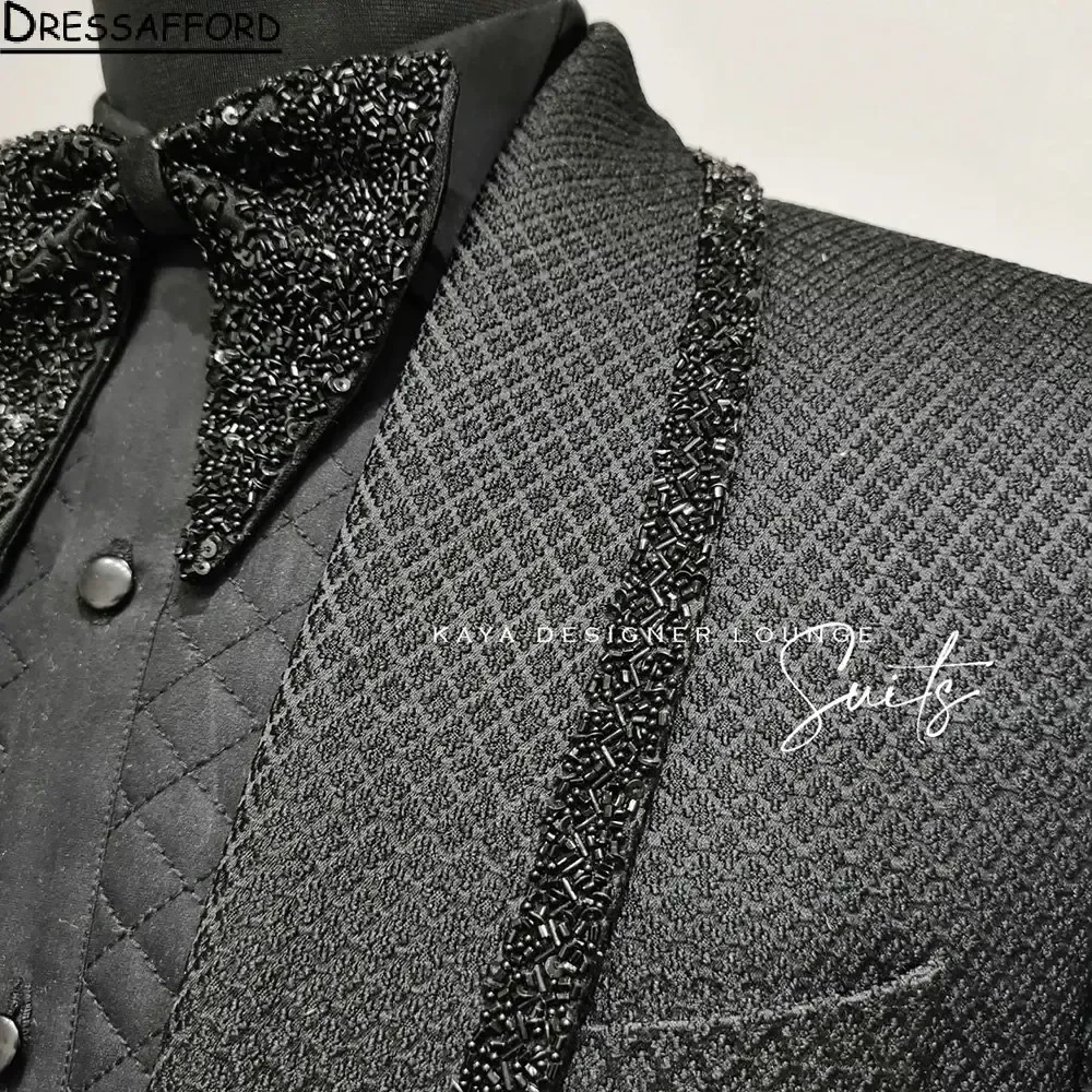 Black Lattice Men Suits Beading Crystal Groom Wedding Tuxedos 2 Pieces Sets Dinner Prom Blazers Terno Masculino Completo