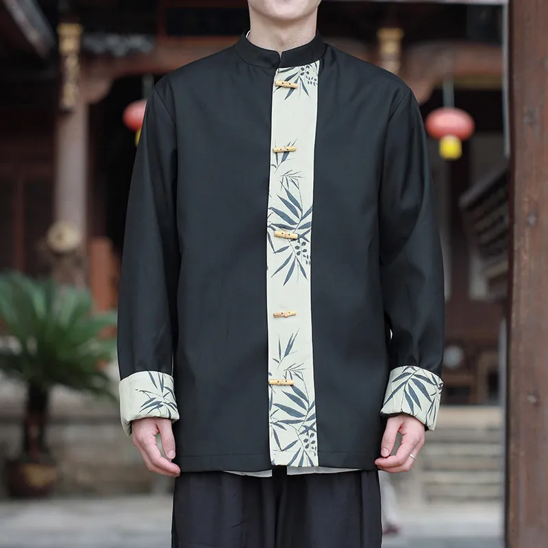 

Autumn New Chinese Sle Men's Jaet Bamboo Knot Button Suit Jaet Youth Trend Loose Fit Polyester Casual Outerwear