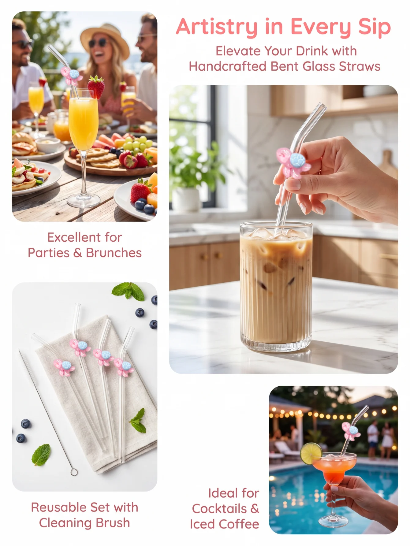 1/2/6PCS Pink Turtle Ocean Themed Glass Straw for Hot Cold Beverages, Kitchen Decor, Café Supply, Holiday Gift Party Photo Prop view 2