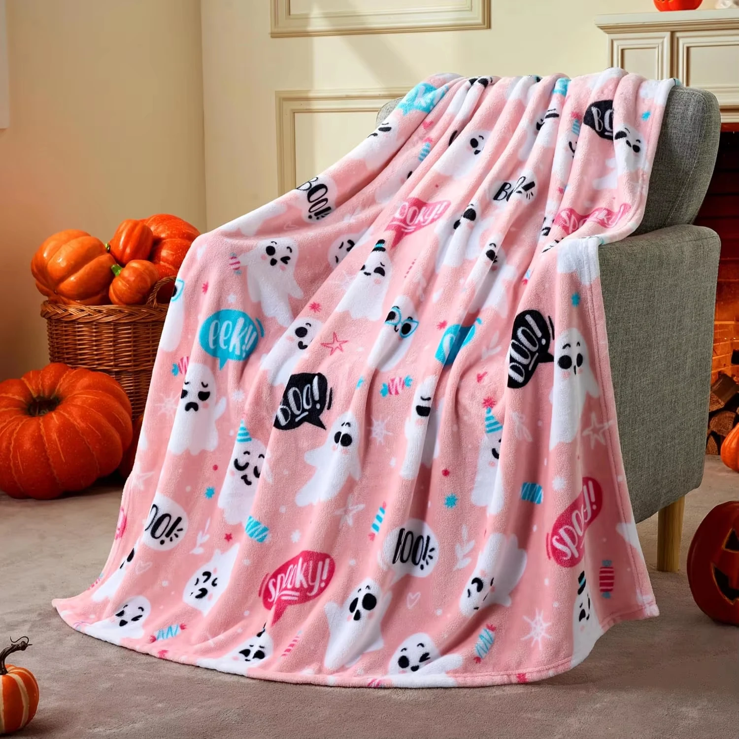 2026 Autumn New Arrival Halloween Flannel Blanket Spooky Castle Flying Witch Pumpkin Night Scene Pattern Home Throw Cover kids