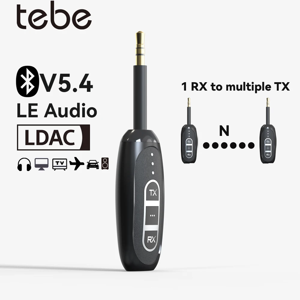 Tebe LE Audio Bluetooth 5.4 Receiver Transmitter LC3 LDAC 3.5mm Aux Wireless Stereo Music Adapter Broadcasts to Multi Headphones