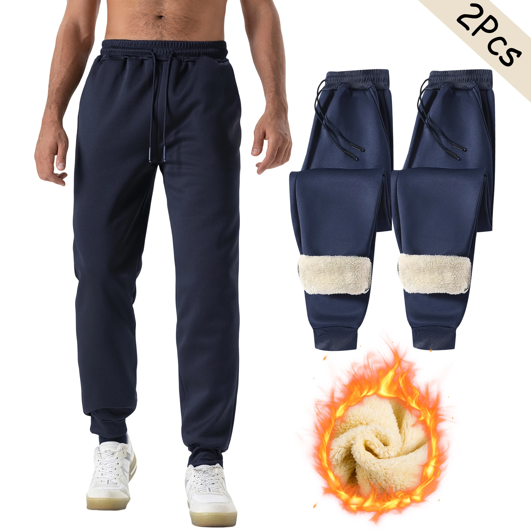 2Pcs In Set Men's Sherpa Fleece Joggers Winter Thermal Sweatpants Elastic Drawstring Waist Tapered Cuffed Pants Pockets Ribbed Ankle Casual Cold Weather Trousers