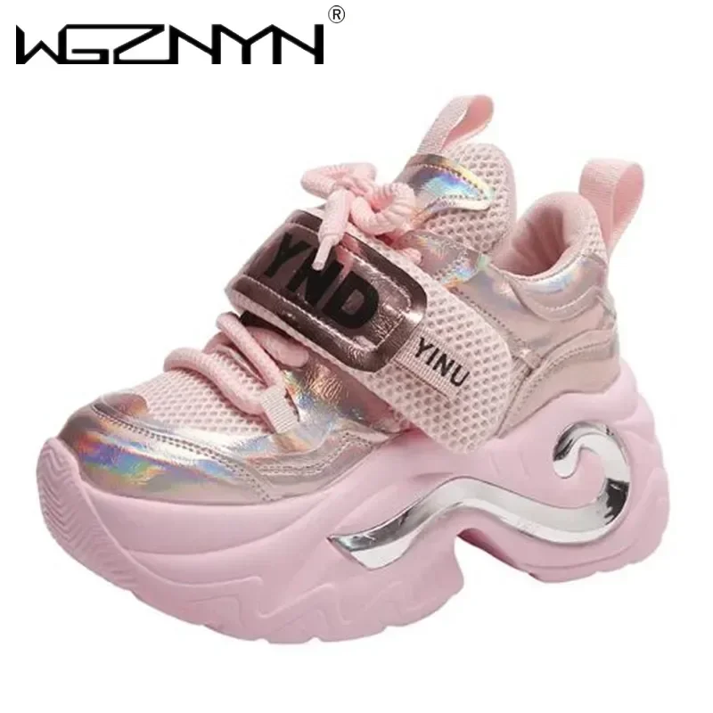 

NEW Summer Spring Sequins Chunky 8cm Platform Sneakers Women Breathable Lace Up Height Increase Shoes Woman Fashion Cute Sneaker