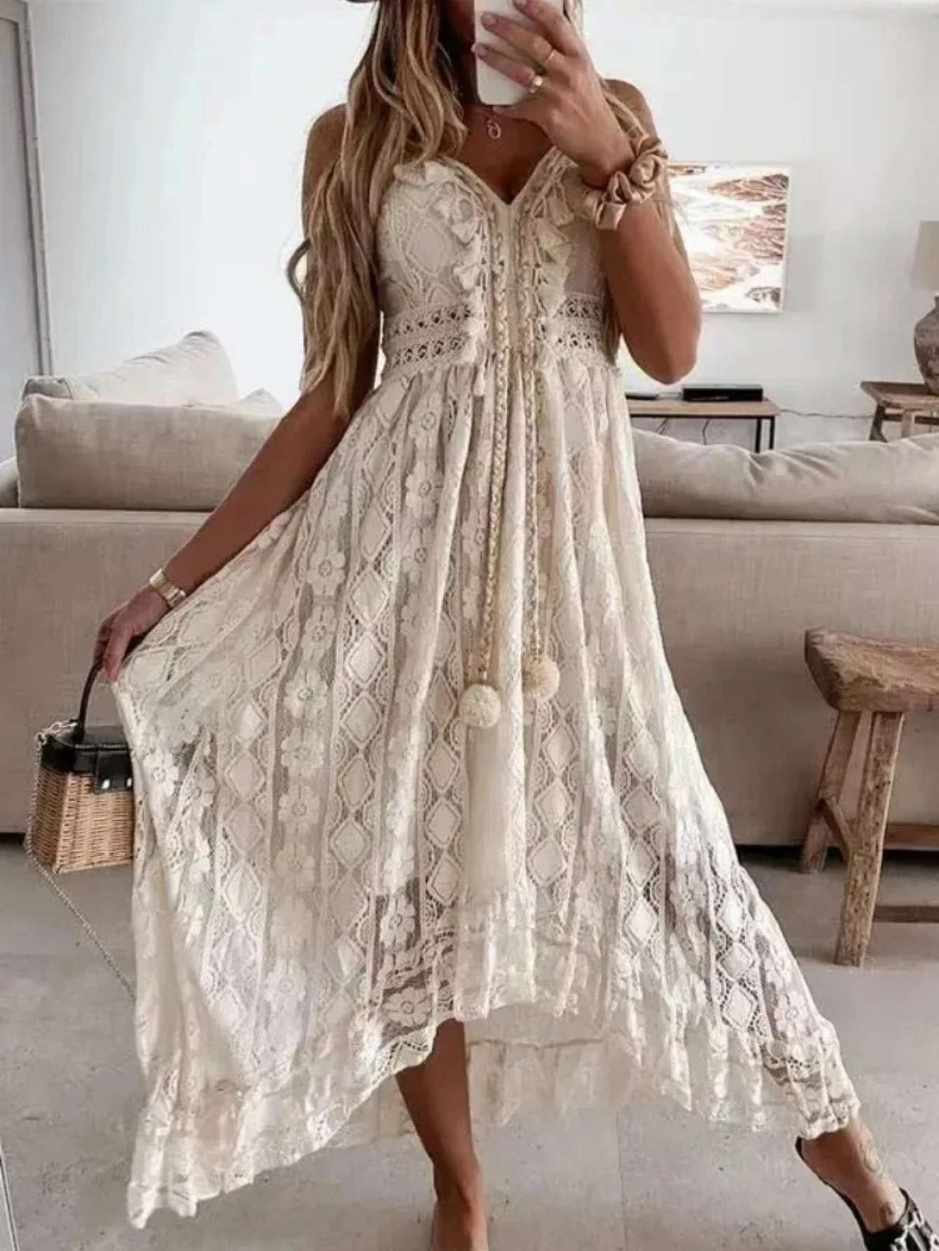 

Summer Fashion Sexy Beach Vacation Long Dress Lace Sleeveless Women Dress V Neck Hollow Out Elegant Loose Dresses white dress