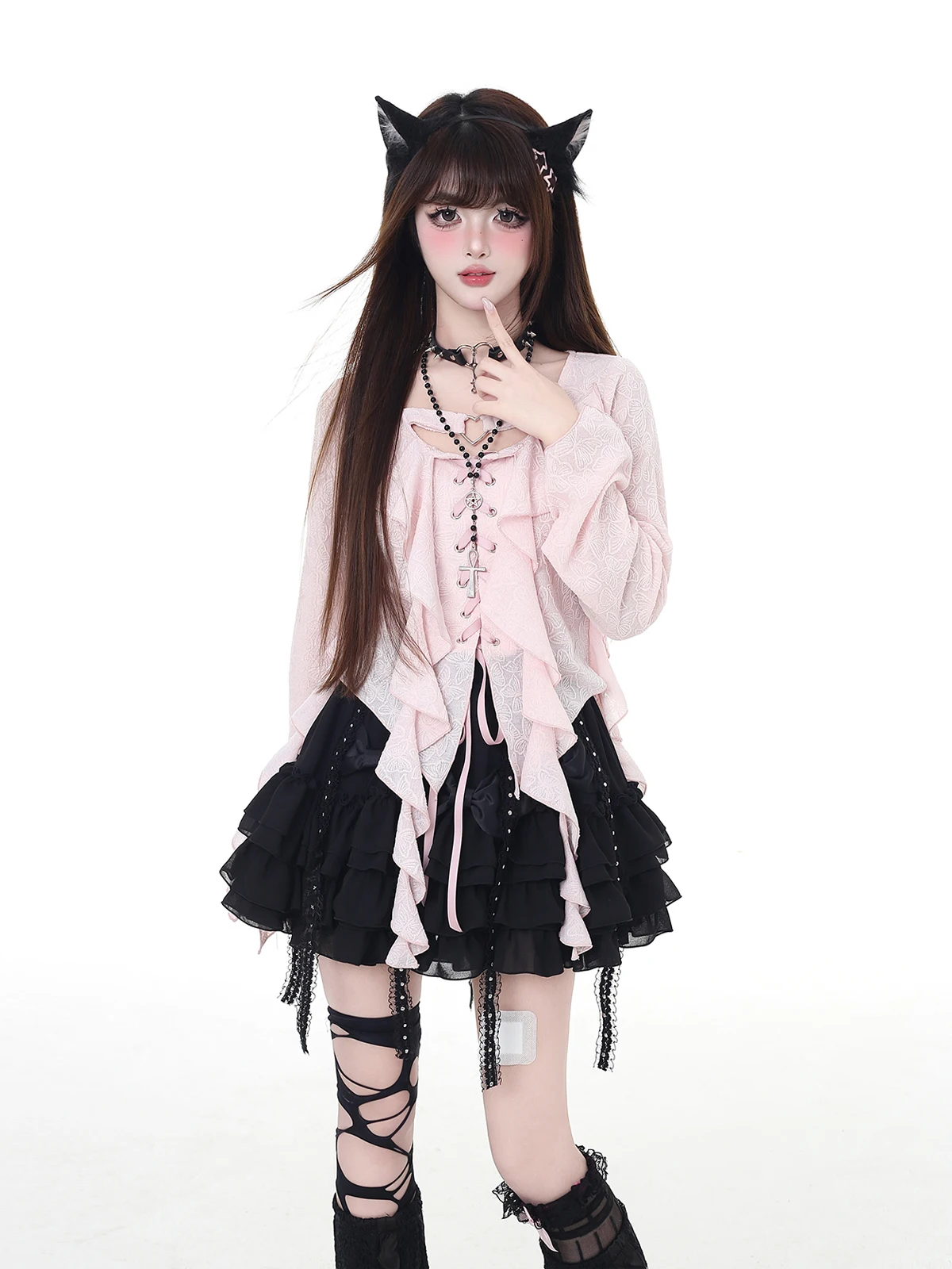 Summer New Sweet Vacation Lace-up Ribbon Chiffon Flare Sleeve Irregular Top Women's Pink Long Sleeve Age-reducing Versatile Tops