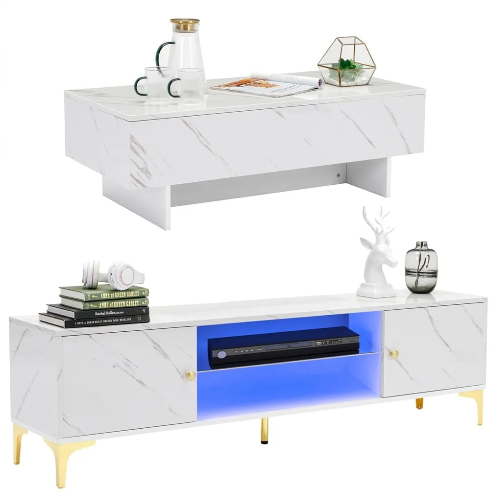 White Marble Dining Set with 62.3-inch LED TV Stand and 41.3-inch Modern Coffee Table