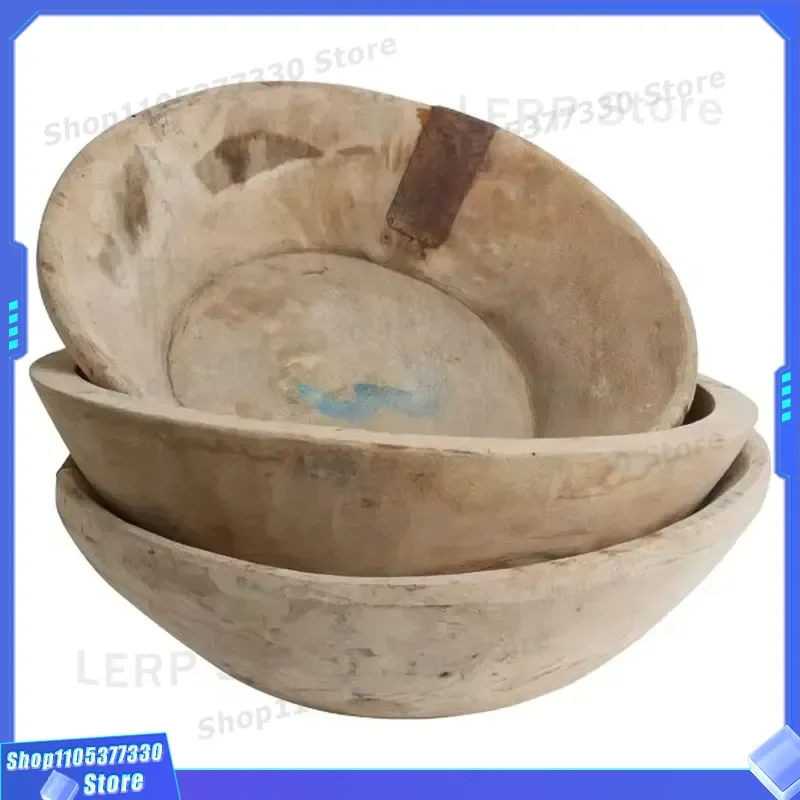 Vintage Round Recycled Wood Tray Chinese Antique Style Desktop Basin Handicraft Natural Original Wall Decoration Old Design