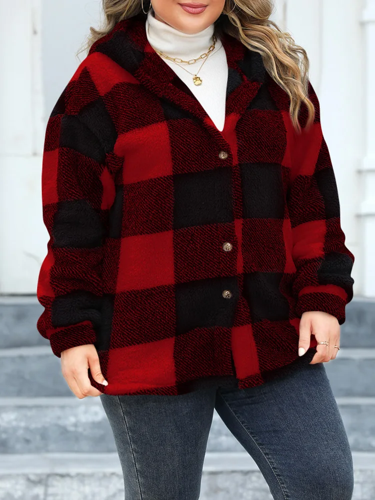 GIBSIE Plus Size Winter Plaid Coat Women New Autumn Single Breasted Hooded Jacket Woman Casual Long Sleeve Thick Warm Outerwear