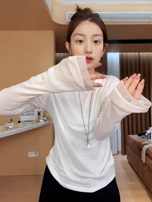 plus Size Women's White European Tulle Long Sleeve round Neck Base Shirt Slimming Mask Top Casual Style Breathable Summer T-S...
