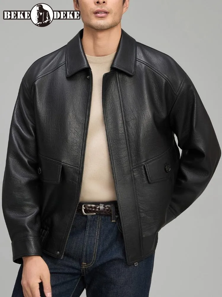 الأعمال عارضة نمط رفض طوق طويلة الأكمام سترة جلدية حقيقية بلون سستة فضفاضة الذكور ملابس خارجية من جلد الغنم #1
