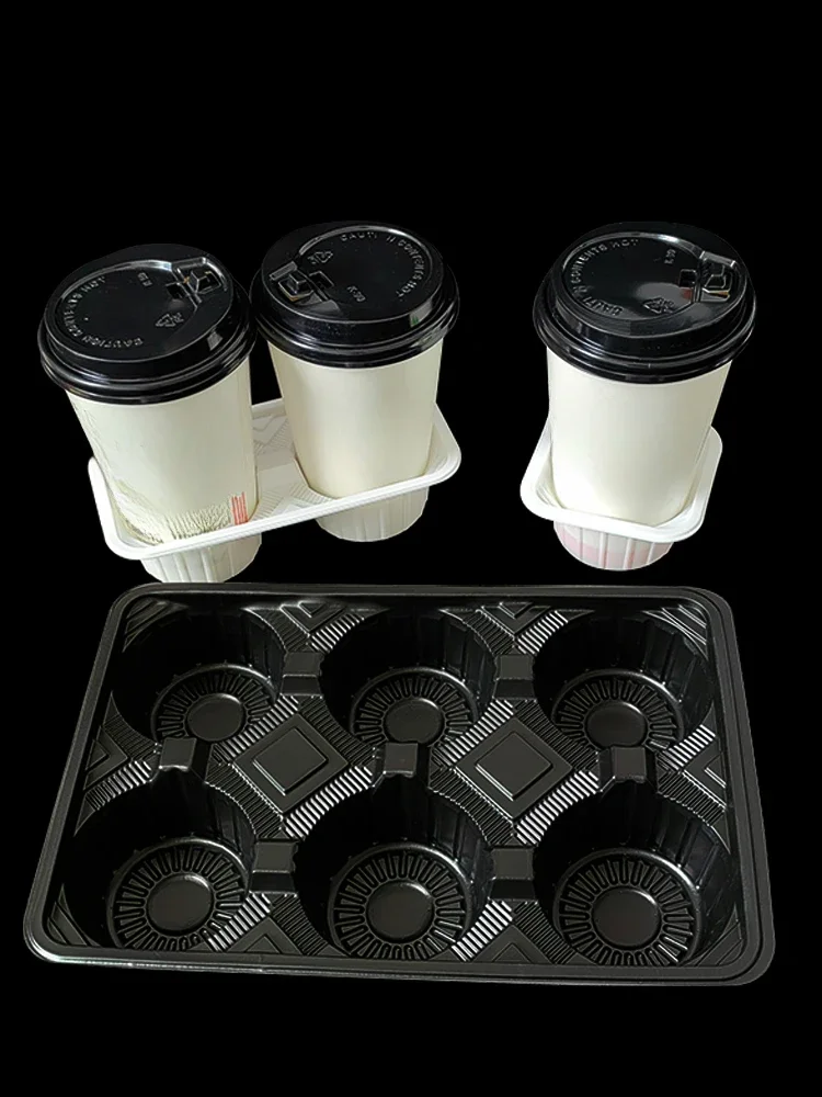 White Milk Tea Cup Holder Black Thick Plastic Coffee Beverage Takeaway Packaging Double Cup Fixed Grid Anti Scattering Tray