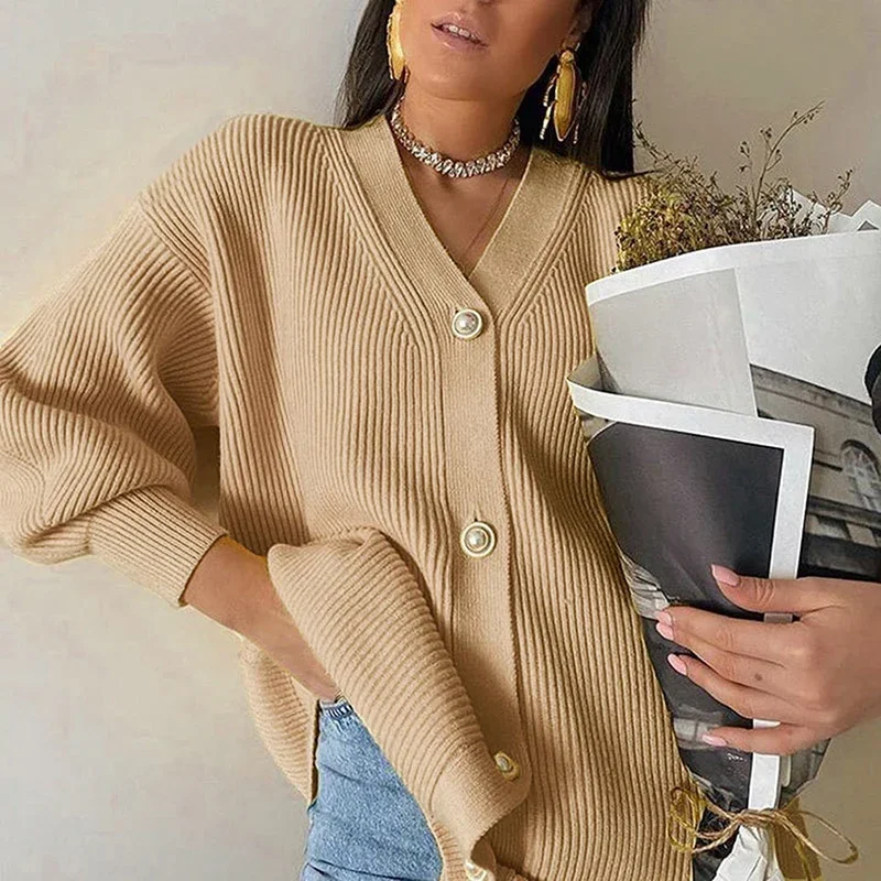Casual V-Neck Knitted Cardigan Women Autumn Winter Lantern Sleeve Button Female Cardigan Fashion Ladies Oversize Sweater White