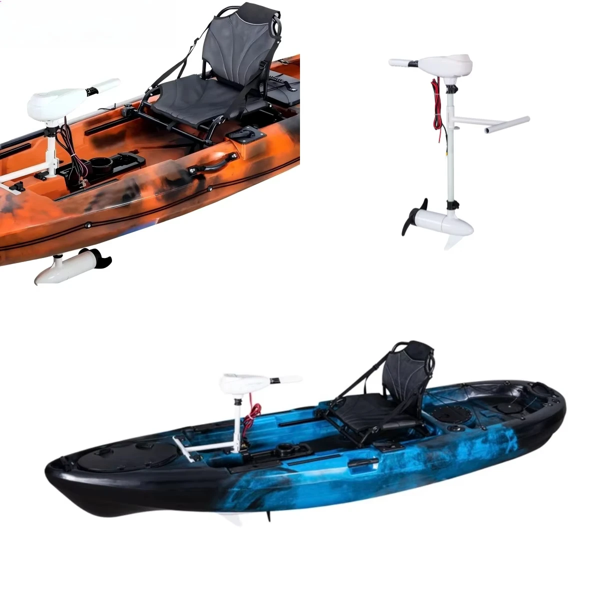 motors for pedal drive fishing kayaks and HDPE hulls for lakes and rivers including paddle attachments