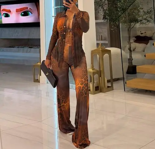 

Комплект женских брюк, осенне-зимняя мода 2024, последние хиты продаж, сетка с леопардовым принтом, кардиган на пуговицах с лацканами, комплект расклешенных брюк