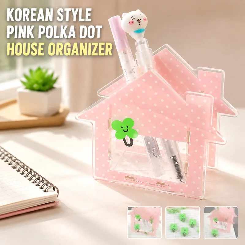 Korean Style Pink Polka Dot House Shape Acrylic Pencil Holder Desk Organizer, Cute Ins Desktop Storage Case for Pens Makeup