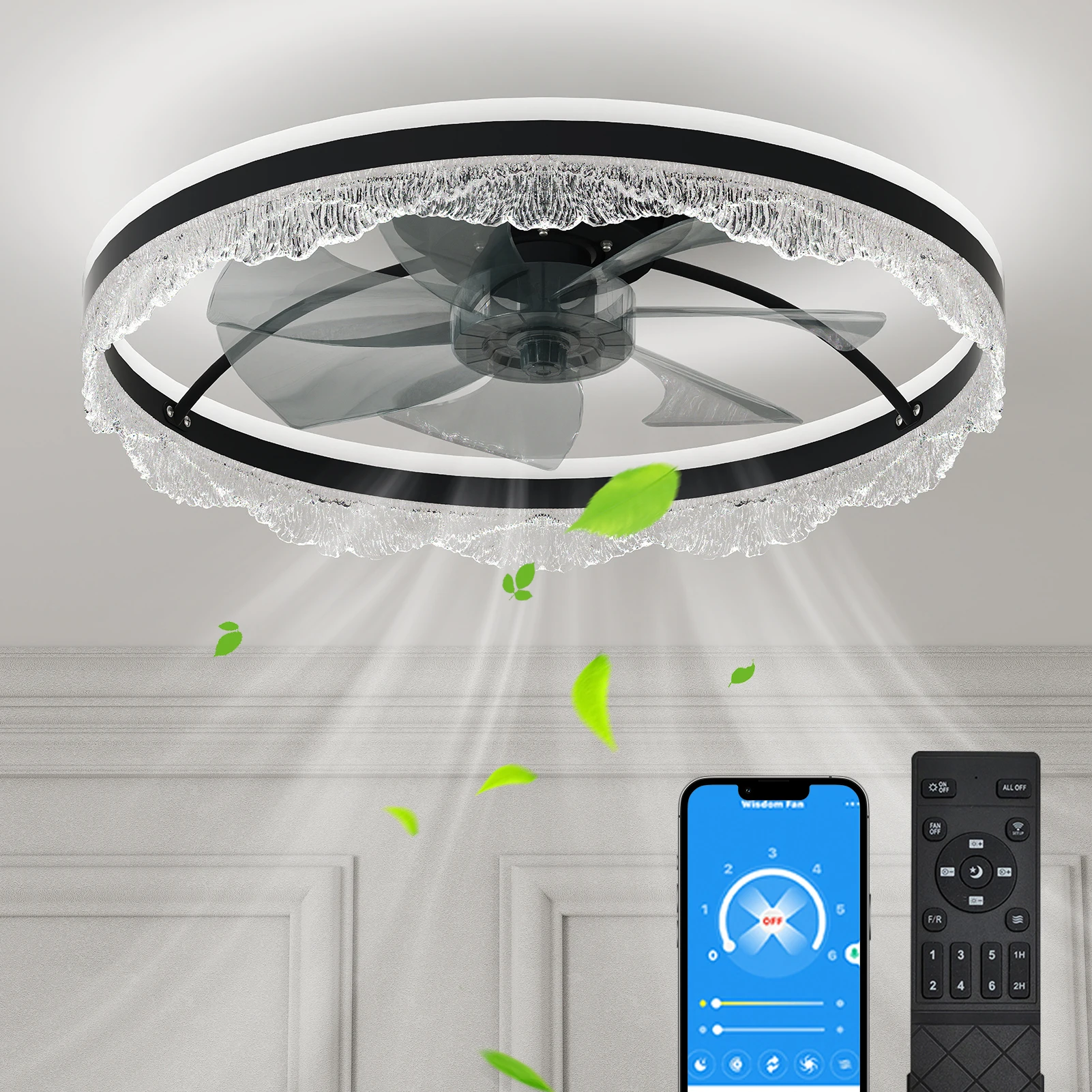 

24" Smart Silent Ceiling Fan with Light -Crystal Flush Mount LED Fan Lamp with Hidden Blades and Natural Airflow System,Designed