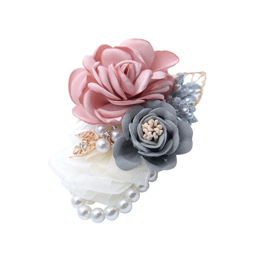 Open Artificial Flower Wrist Flower Pearl Wristband Rhinestone Ribbon Wedding Prom Dance Party Bridal Wrist Flowers - view 3