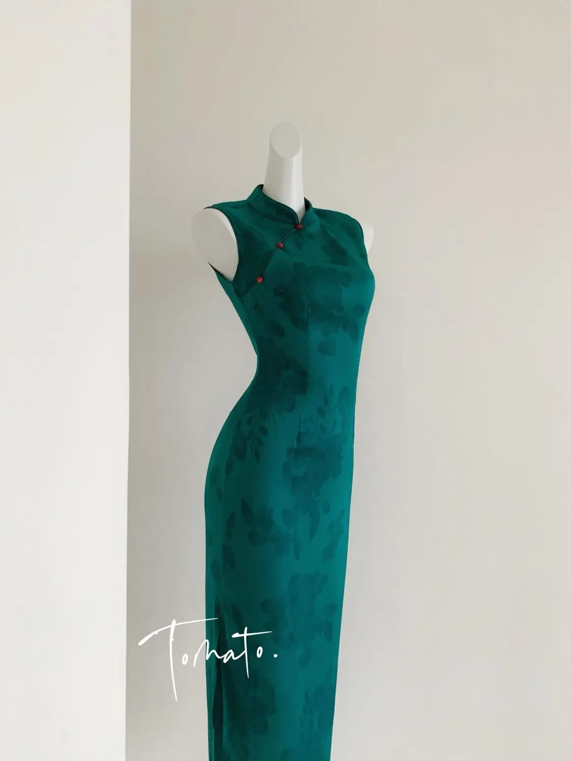 Peacock Blue Green National Style Standing Collar Buckle Dress For Women'S Summer New Jacquard Satin Cheongsam