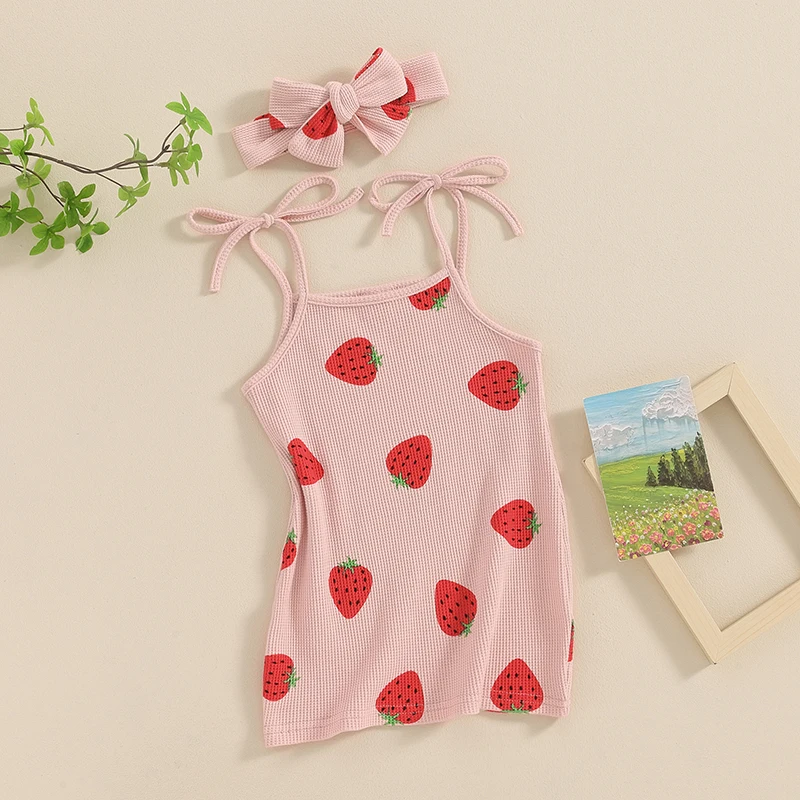 

Strawberry Dress Toddler Baby Girl Sleeveless Strap Waffle Knit Dress Summer Sundress with Headband