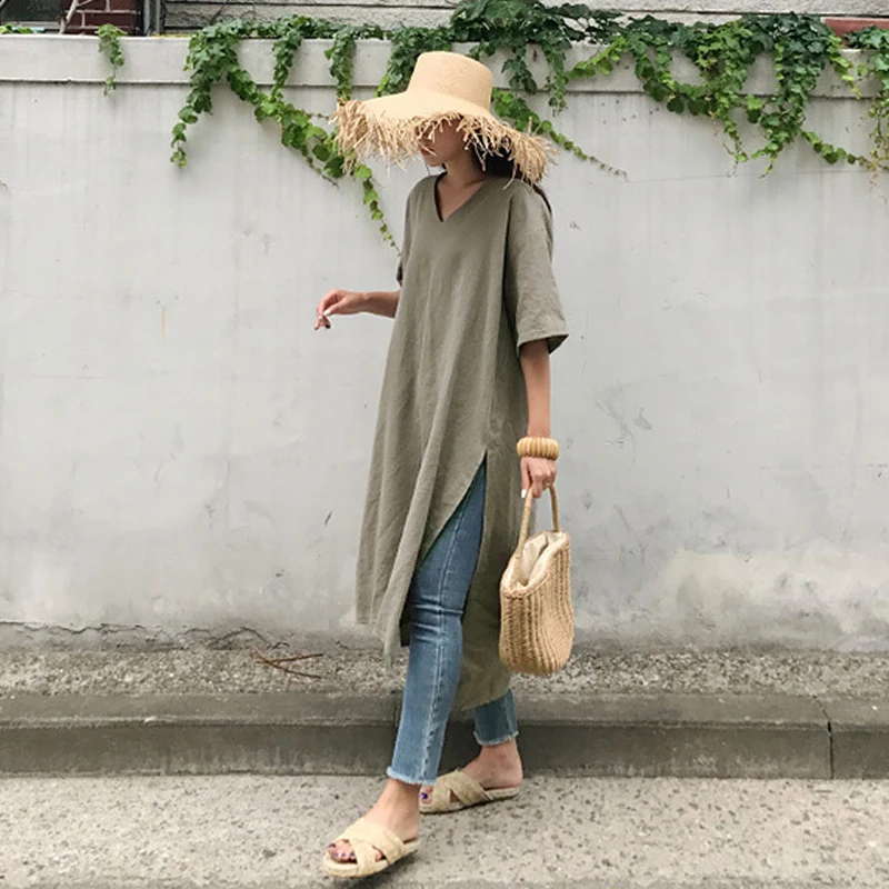 Johnature Casual Solid Color V-neck Long Slits Women T-Shirts 2024 Summer New Korean Short Sleeve All Match Loose Tops