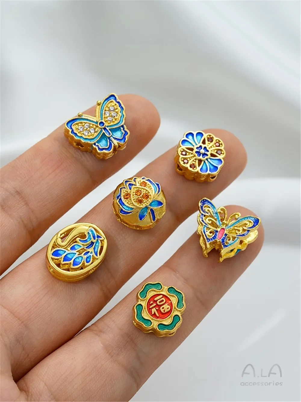 Copper Gold-plated Enamel Butterfly Auspicious Cloud Lotus Chinese Knot Back Cloud Blessing Cloisonne Bead DIY Accessories