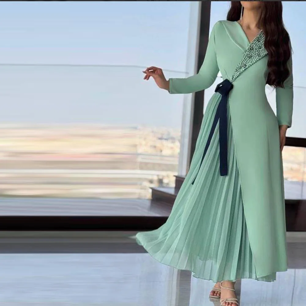 

Customized Pleated Ankle Length Prom Dresses 2025 V Neck Long Sleeve A Line Formal Evening Party Gown with Ribbon