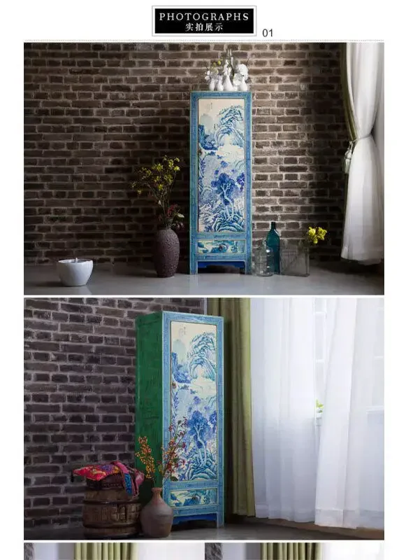 AA Hand painted new Chinese blue and white corner cabinet antique solid wood old multi-functional side cabinet