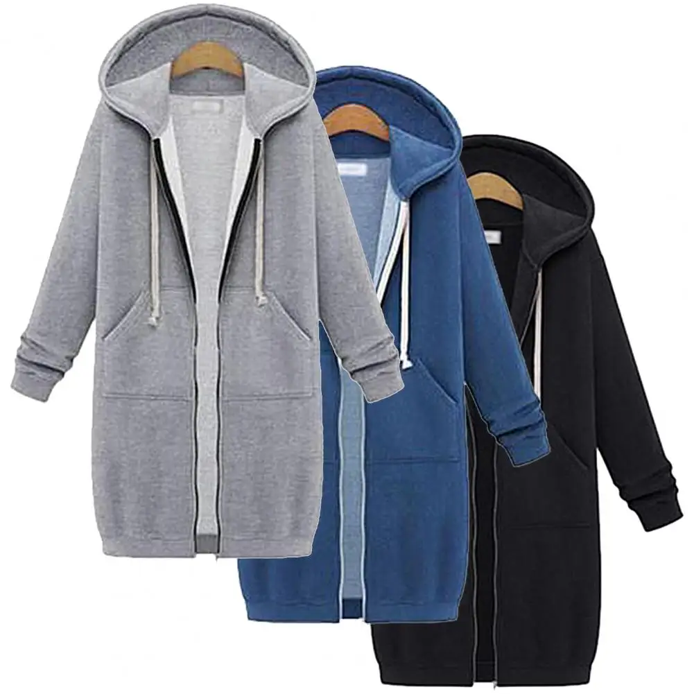 New Women Large Size Autumn Winter Zip Hoodie Sweater Hooded Long Jacket Sweatshirt Coat Casual Solid Streetwear Female Hoodies