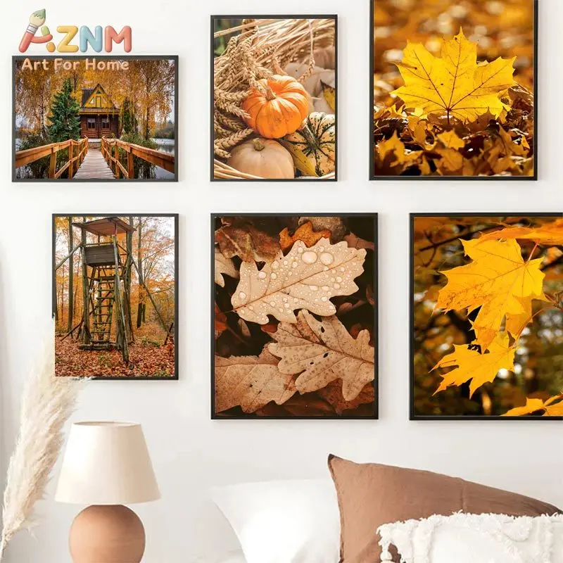 Autumn Decoration Canvas Poster Yellow Leaves Fall View Wall Art Print Pumpkin Painting Halloween Picture Living Room Bedroom