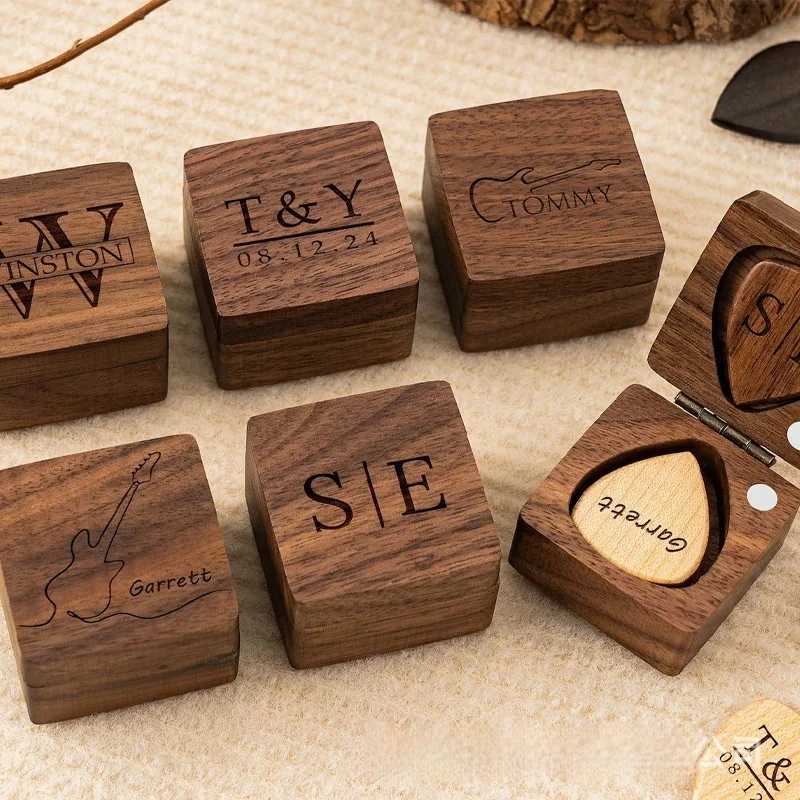 Guitar Pick Storage Box Personalized Walnut Wood Custom Engraved Logo Guitar Accessory Gift For Guitarists Friends Music Lovers