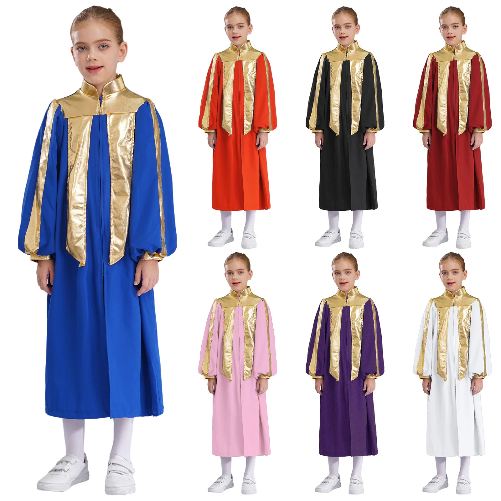 

Children Girls Graduation Gown Costumes Halloween Role Play Cosplay Costumes Color Block Long Sleeve Zipper Choir Church Robe