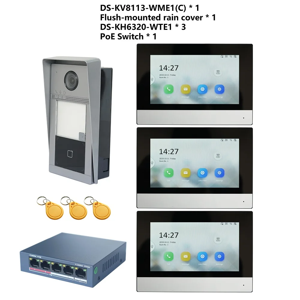 HIK Multi-language 802.3af POE Video intercom KIT,include DS-KV8113-WME1(C) & DS-KH6320-WTE1 & PoE Switch