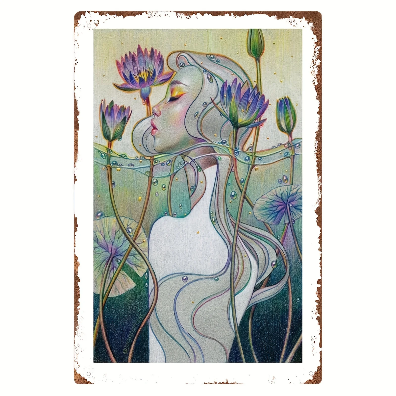 Room Decor Art Nouveau Floral Woman Illustration, Waterproof Wrought Iron Wall Art, 8x12 inches ,Hanging Artwork for Home Decor